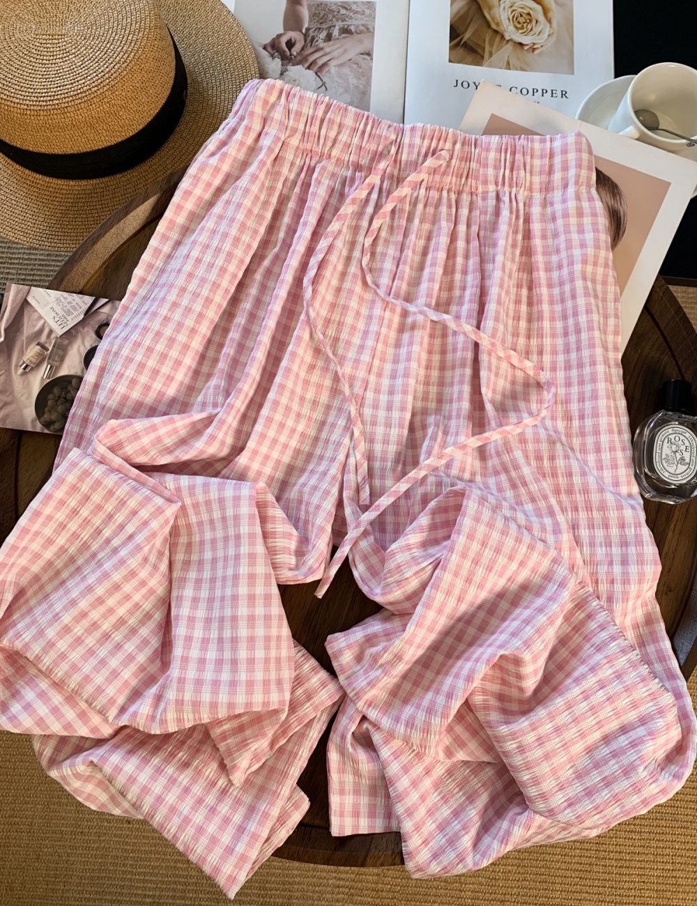Summer pink long pants straight plaid pants for women