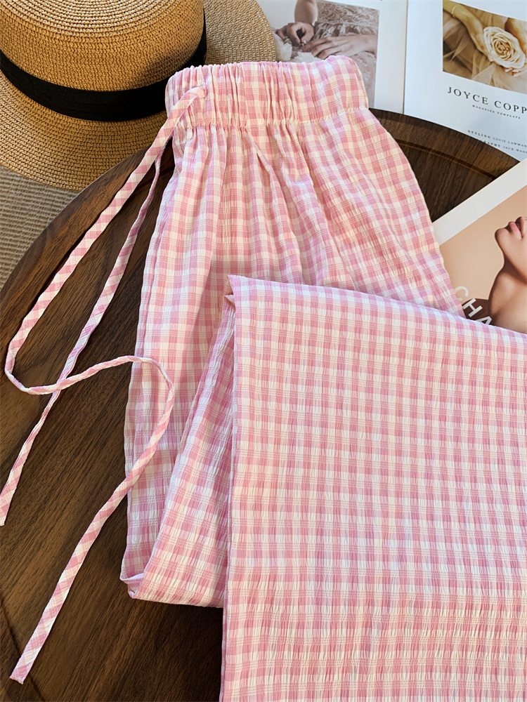 Summer pink long pants straight plaid pants for women