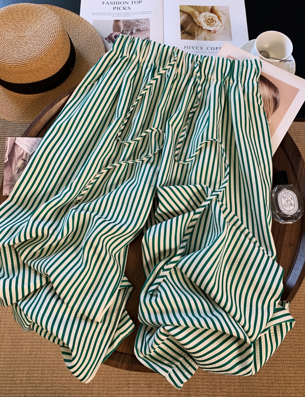 Green slim wide leg pants summer loose casual pants for women