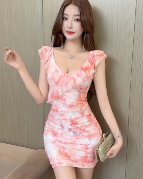 Gauze package hip bottoming short sexy printing dress