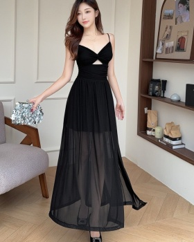 A-line slim long dress pleated spring long dress