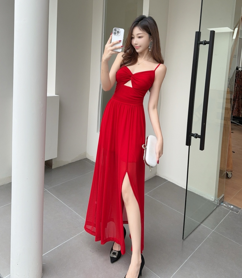 A-line slim long dress pleated spring long dress