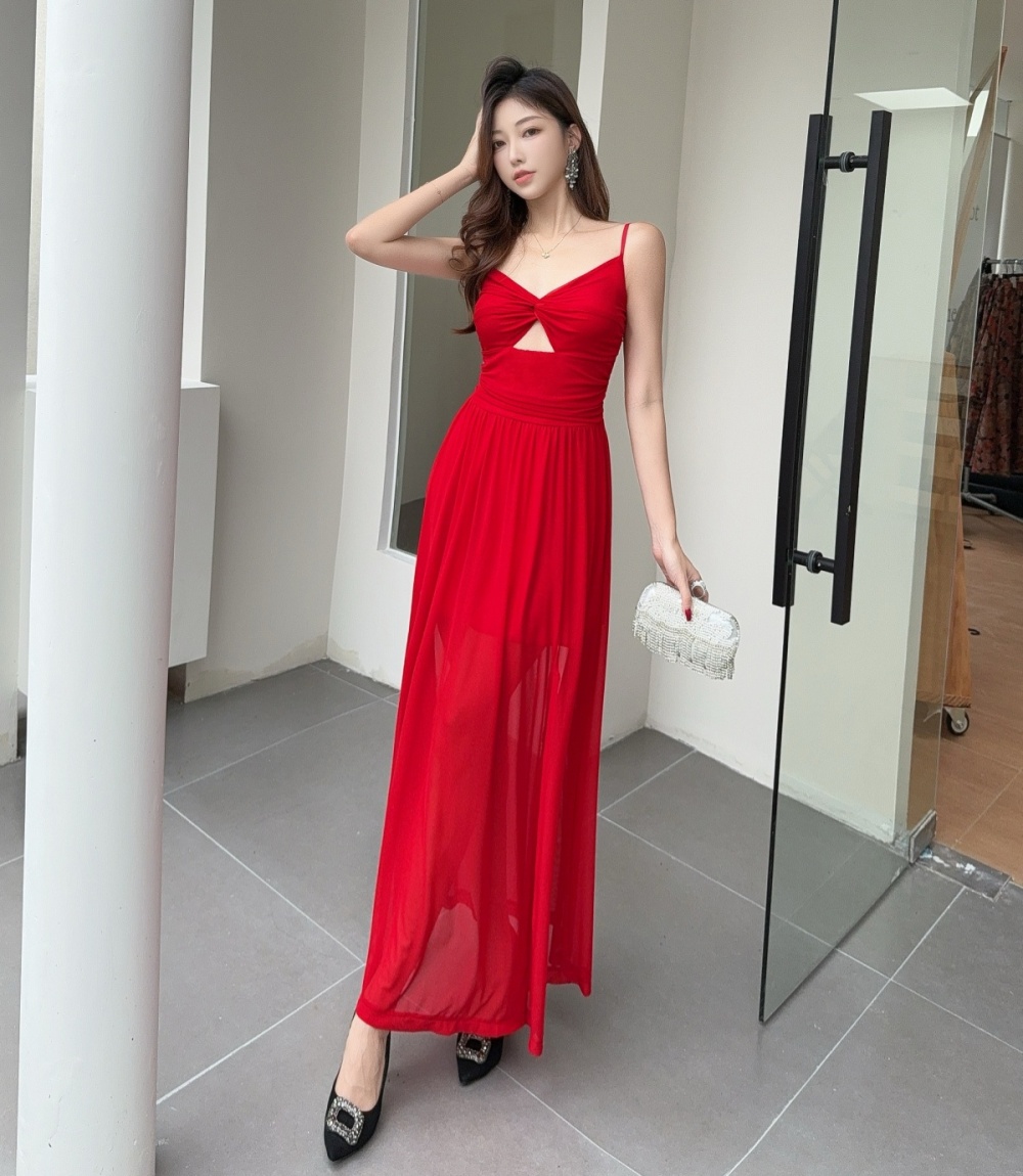 A-line slim long dress pleated spring long dress