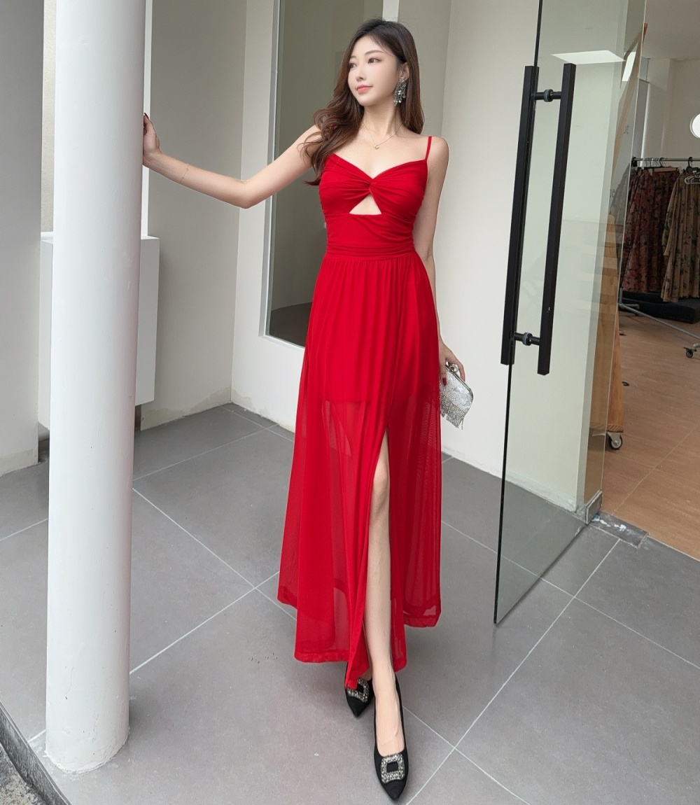 A-line slim long dress pleated spring long dress