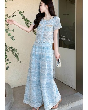 Embroidery lace tops summer wide leg pants 2pcs set