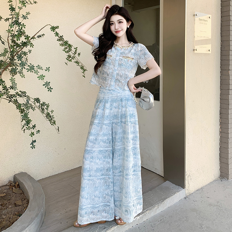 Embroidery lace tops summer wide leg pants 2pcs set