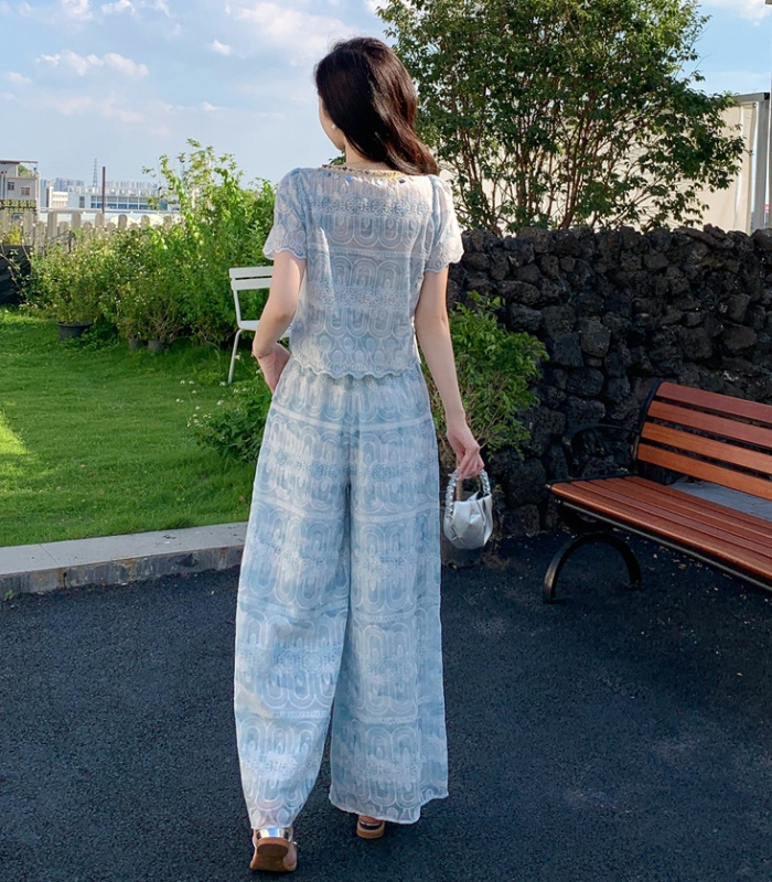 Embroidery lace tops summer wide leg pants 2pcs set