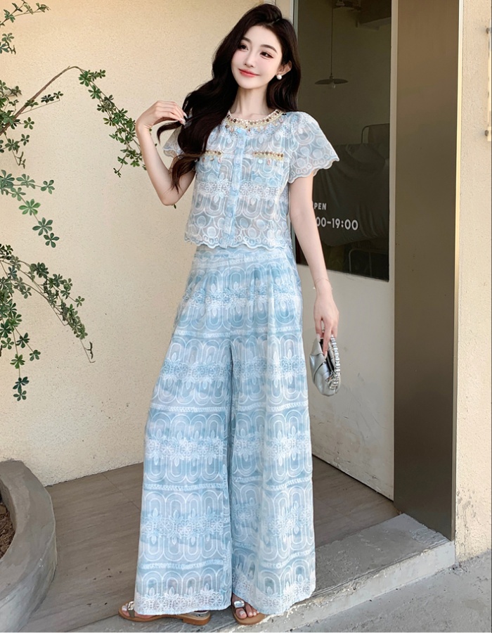 Embroidery lace tops summer wide leg pants 2pcs set
