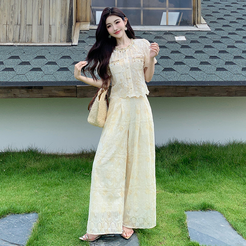Embroidery lace tops summer wide leg pants 2pcs set