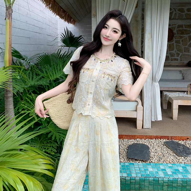 Embroidery lace tops summer wide leg pants 2pcs set