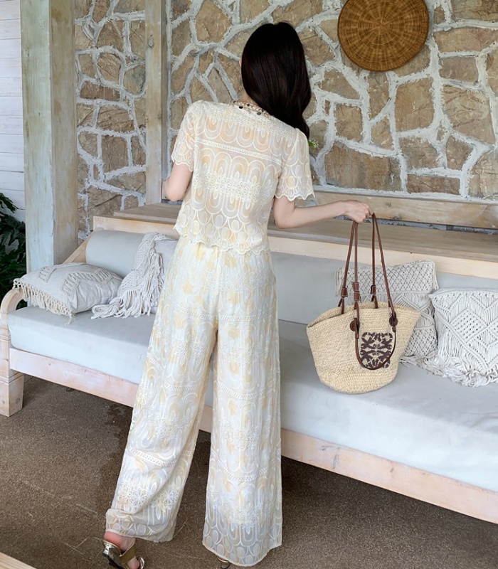 Embroidery lace tops summer wide leg pants 2pcs set