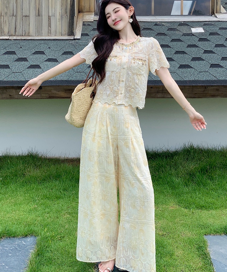 Embroidery lace tops summer wide leg pants 2pcs set