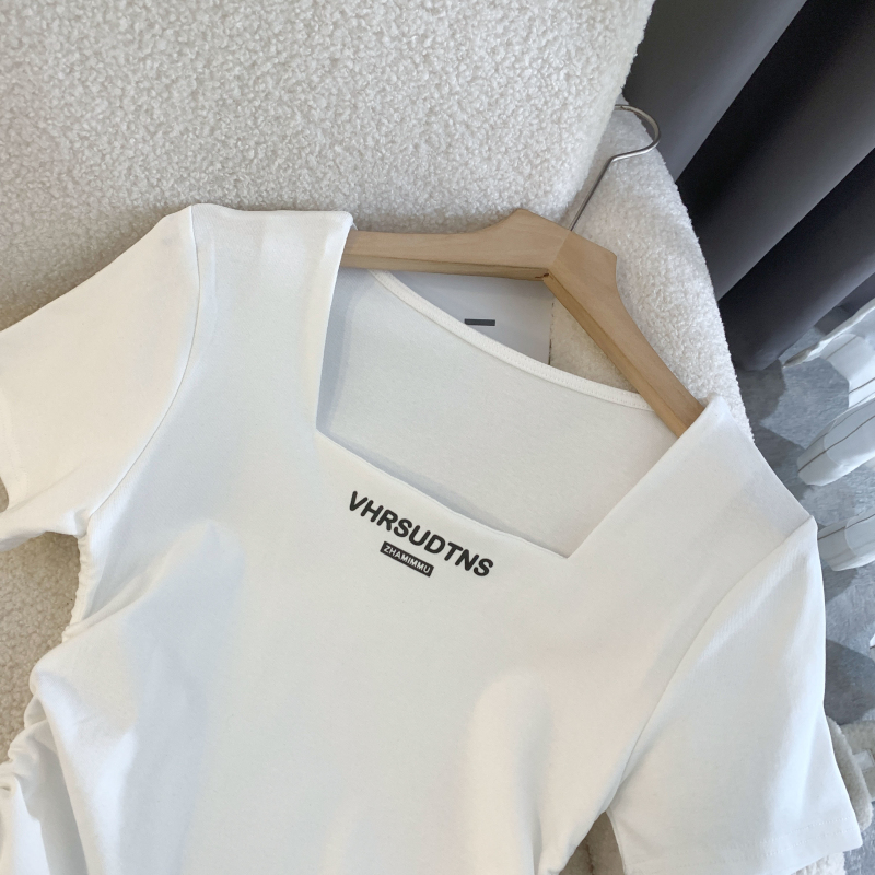 Square collar summer tops printing T-shirt for women