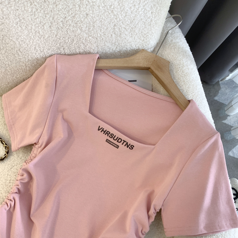 Square collar summer tops printing T-shirt for women