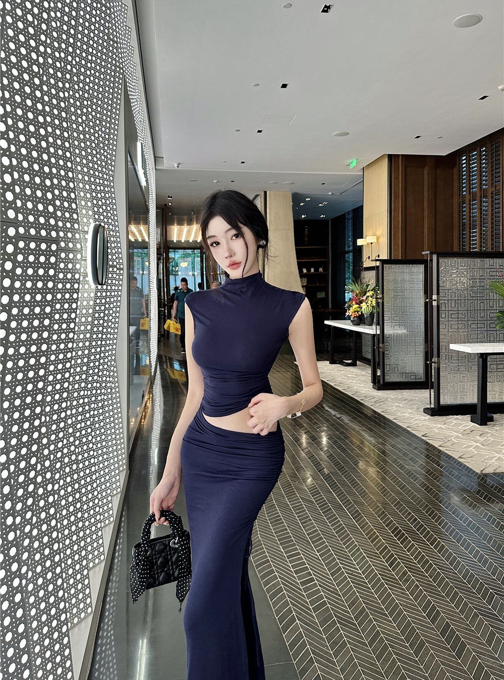 Sexy hollow drawstring package hip long dress