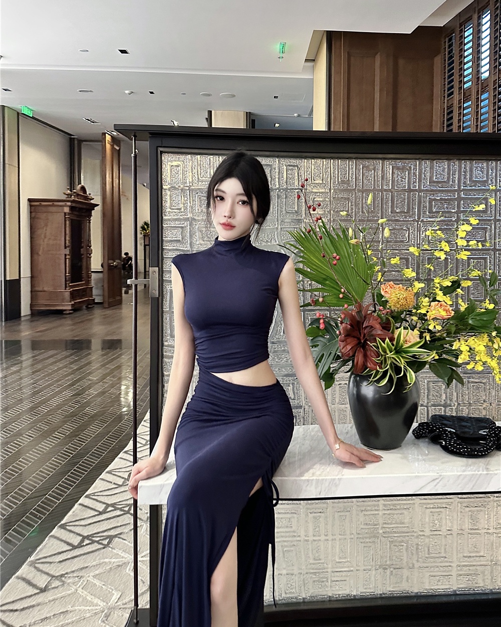 Sexy hollow drawstring package hip long dress