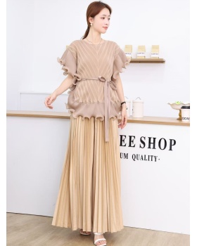 Pleated pants wood ear tops a set for women