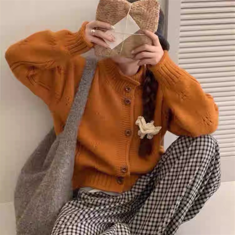 Cstand collar loose cardigan knitted short coat for women