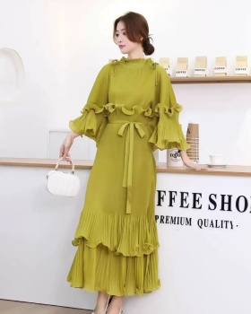 Fold lotus leaf edges wood ear trumpet sleeves dress for women
