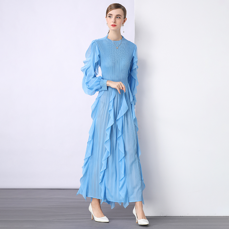 High waist lotus leaf edges fold loose dress