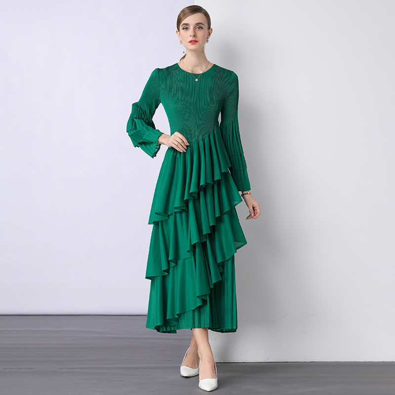 Fold loose high waist long sleeve dress