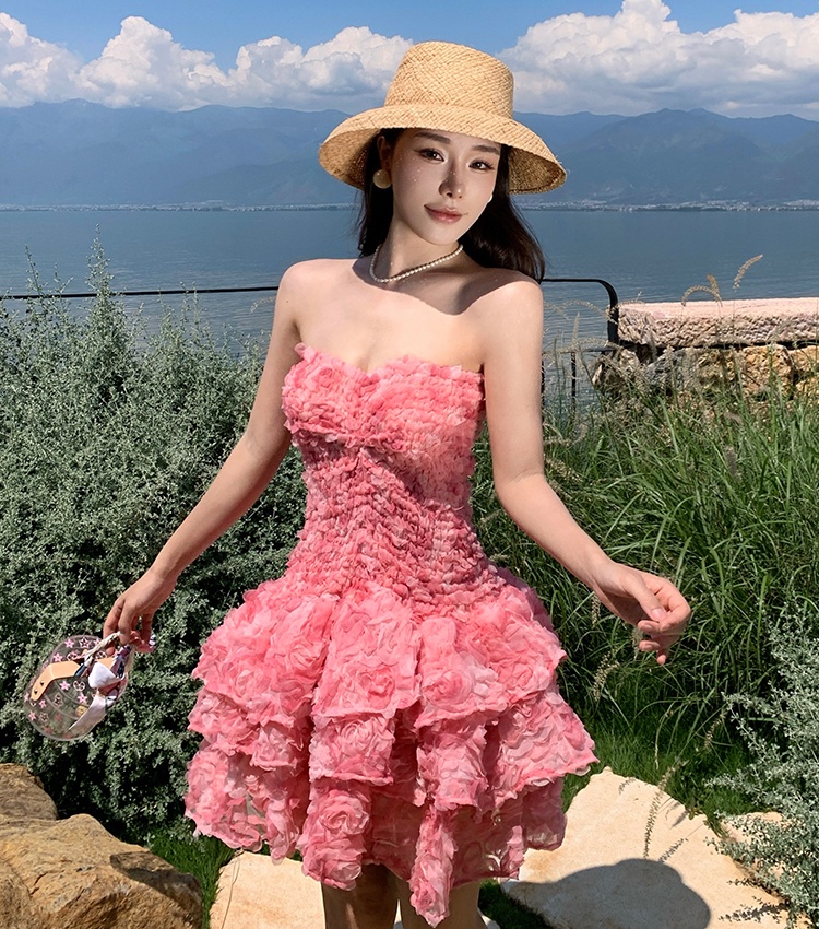 Disk flowers T-back lotus leaf edges formal dress