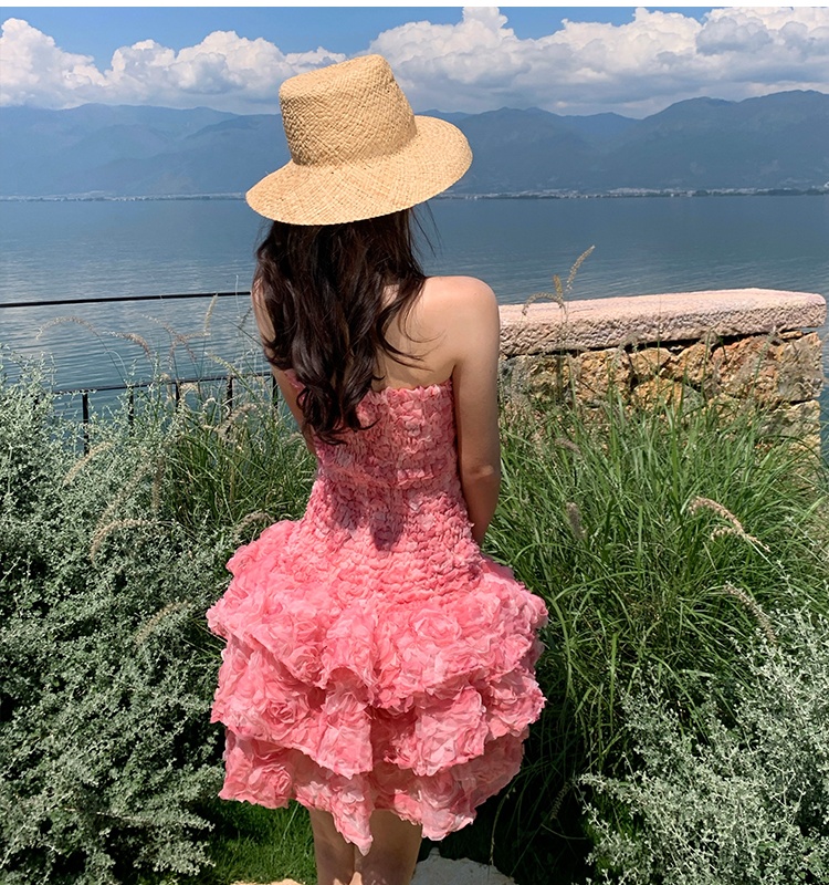 Disk flowers T-back lotus leaf edges formal dress