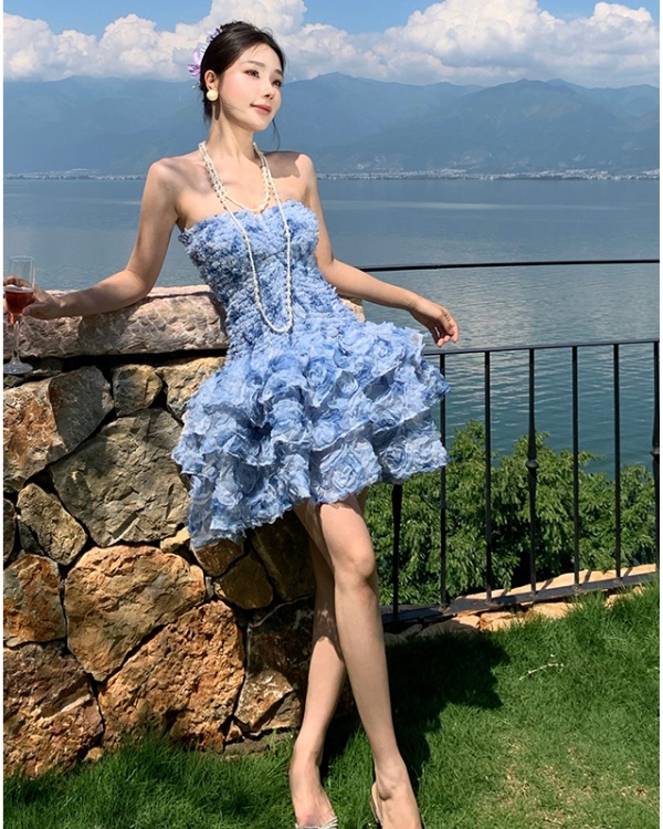 Disk flowers T-back lotus leaf edges formal dress