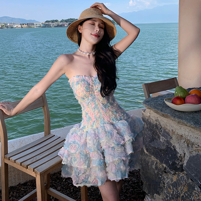 Disk flowers T-back lotus leaf edges formal dress