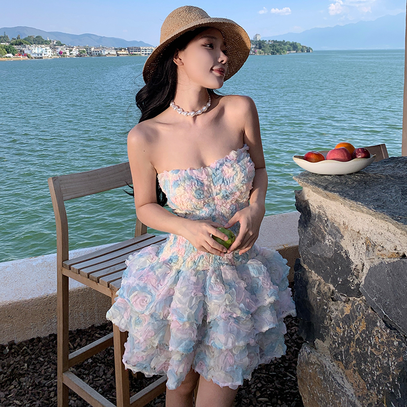 Disk flowers T-back lotus leaf edges formal dress