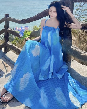 Printing blue-white dream dress crimping gradient long dress