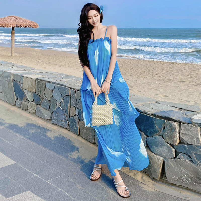 Printing blue-white dream dress crimping gradient long dress