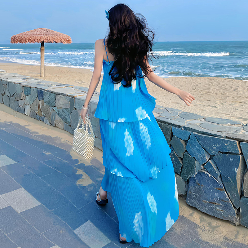 Printing blue-white dream dress crimping gradient long dress