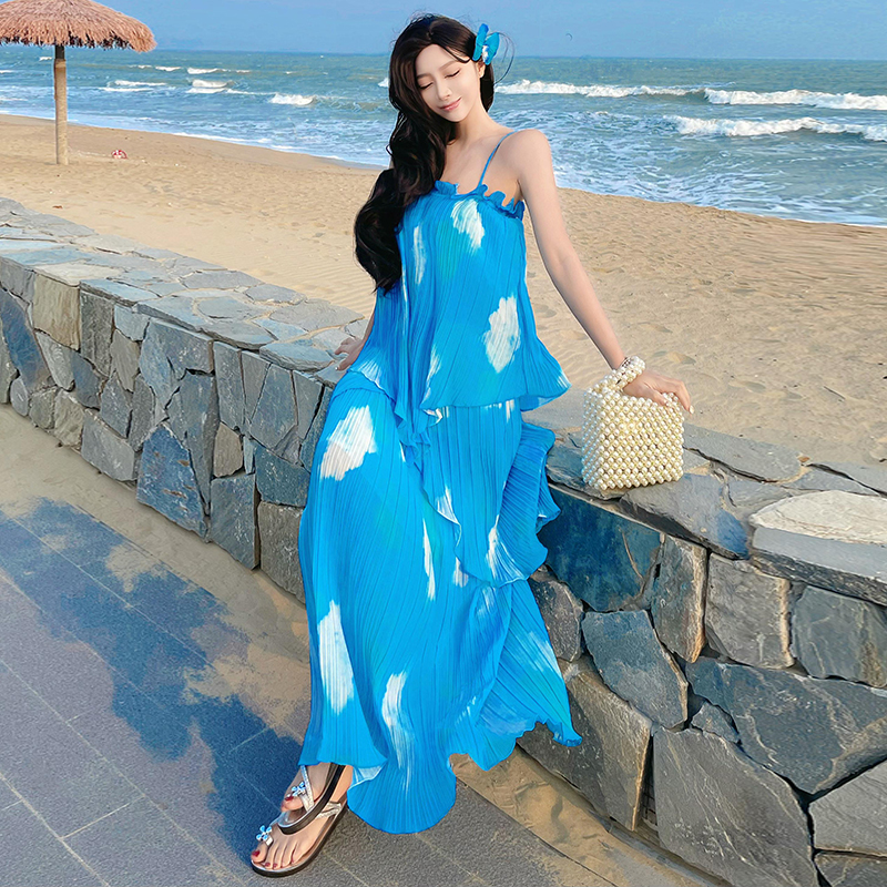 Printing blue-white dream dress crimping gradient long dress