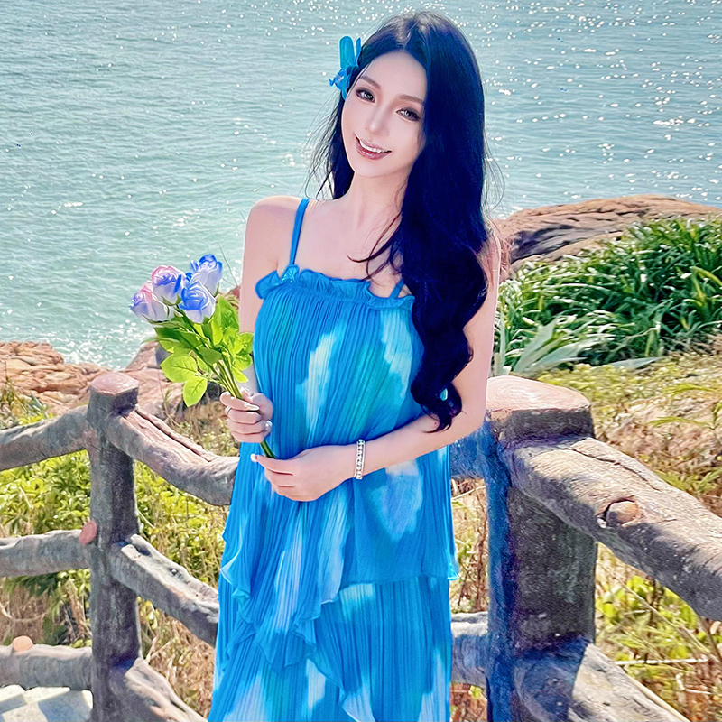 Printing blue-white dream dress crimping gradient long dress