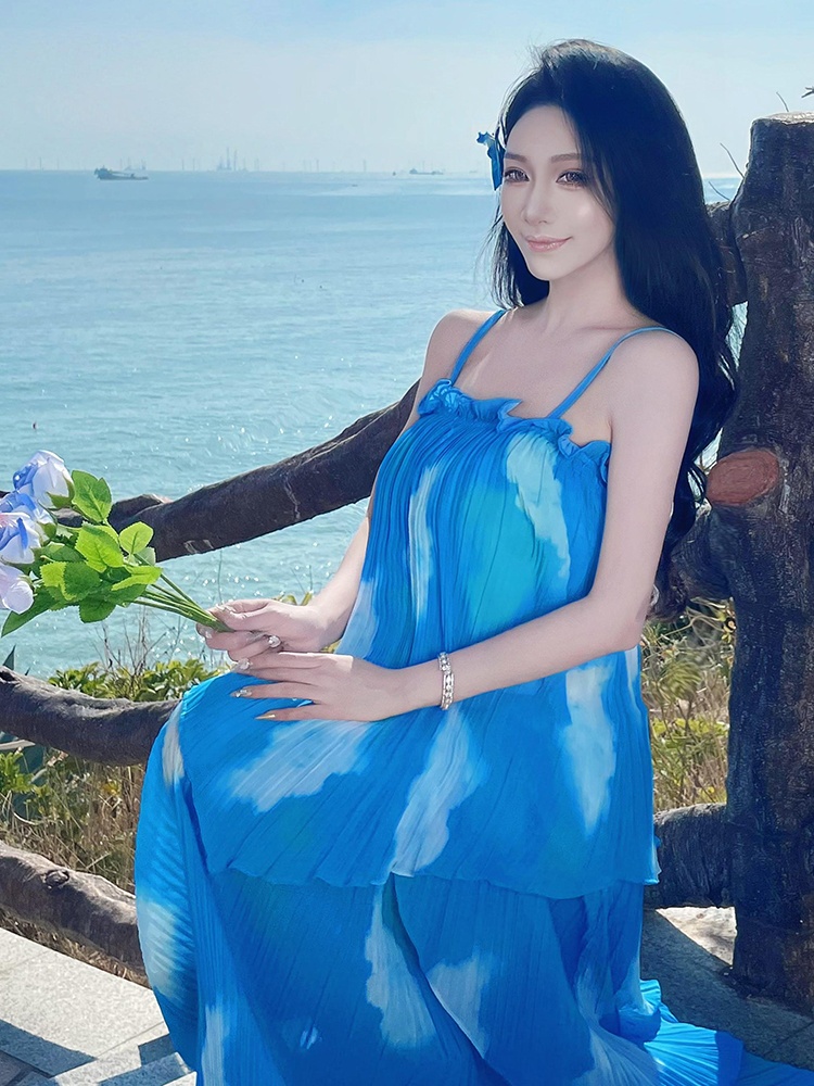 Printing blue-white dream dress crimping gradient long dress