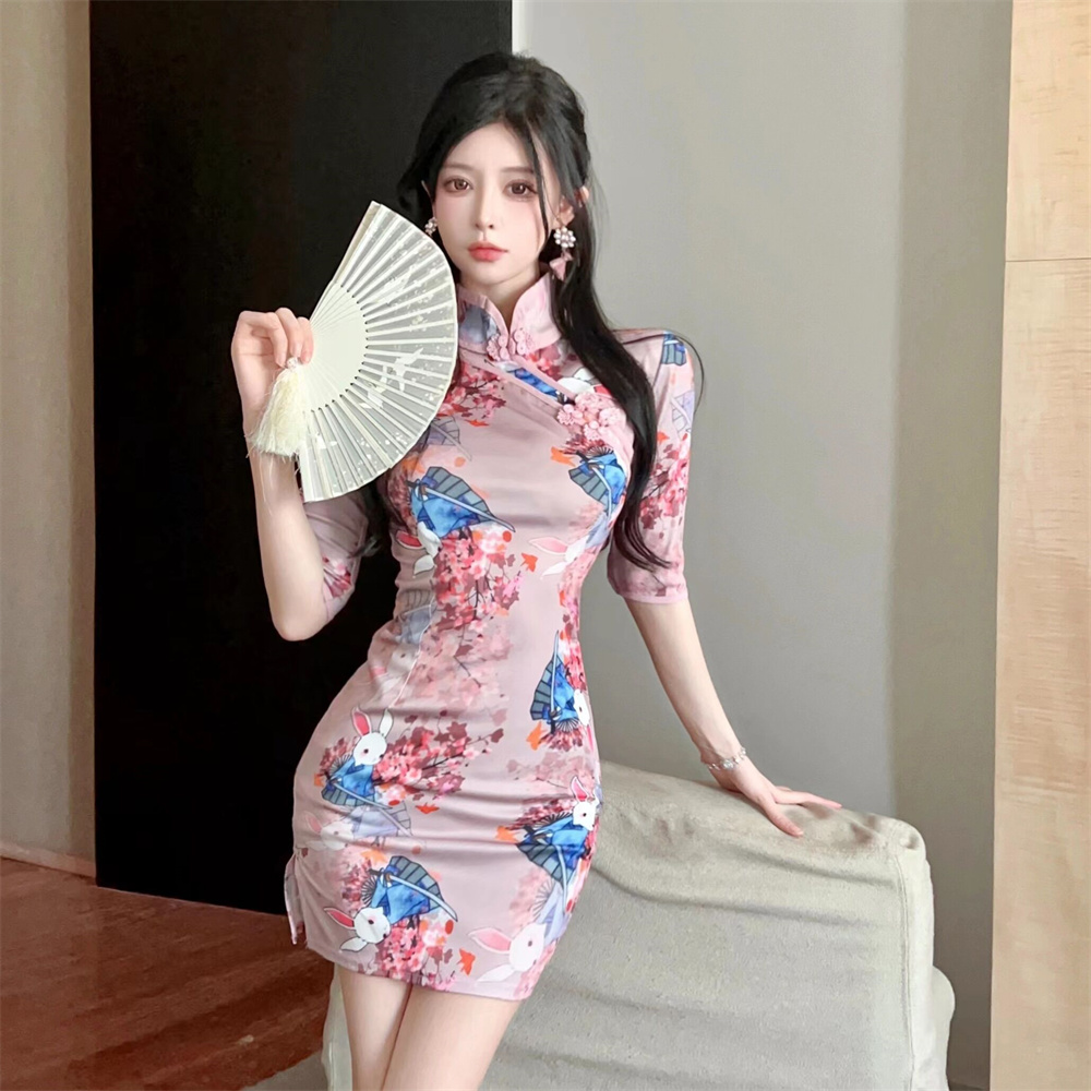 Slim pinched waist printing dress sexy retro cheongsam