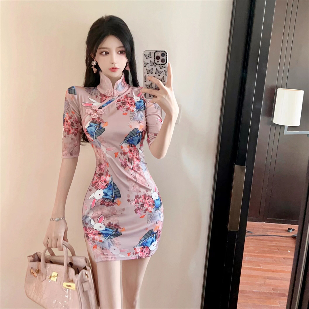 Slim pinched waist printing dress sexy retro cheongsam