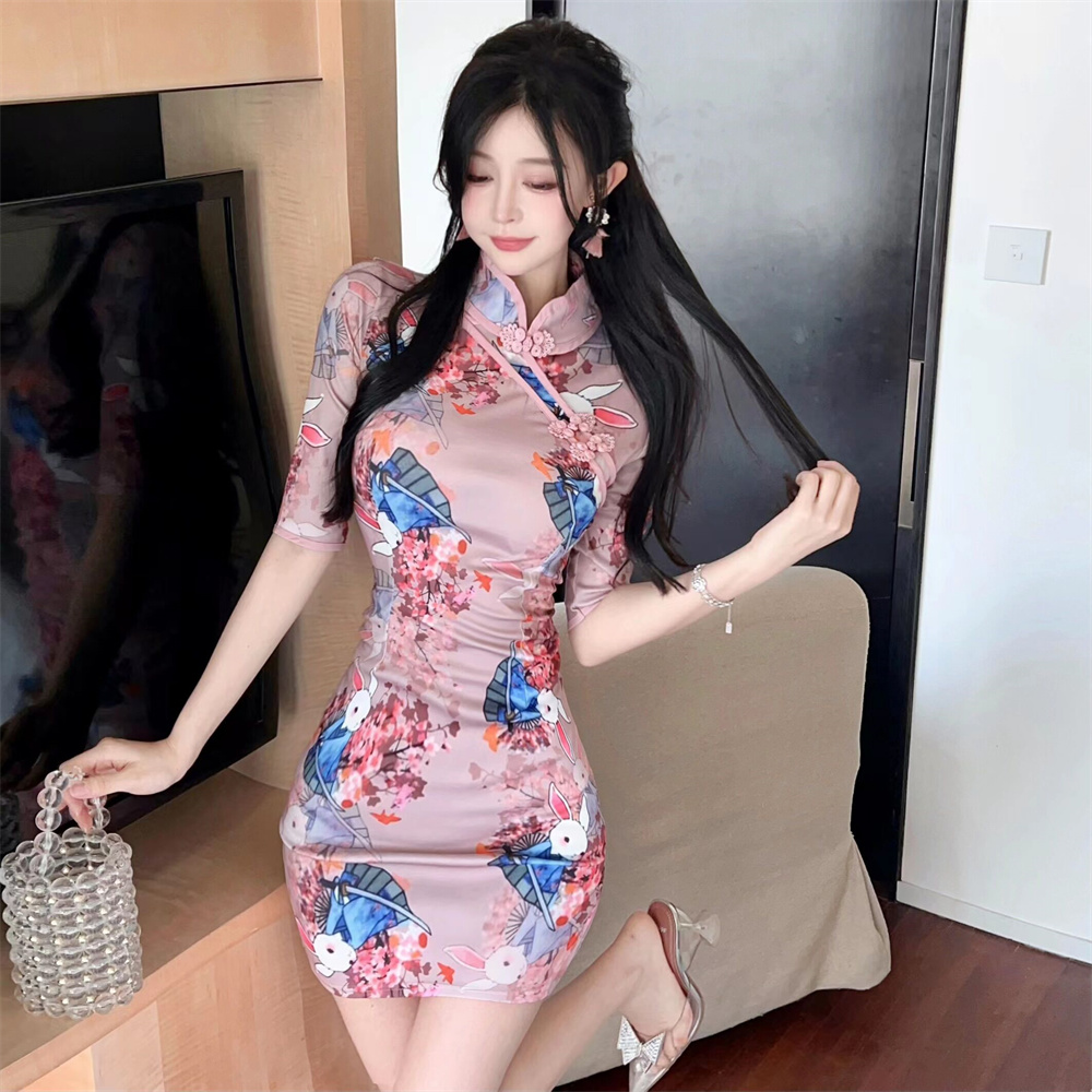 Slim pinched waist printing dress sexy retro cheongsam