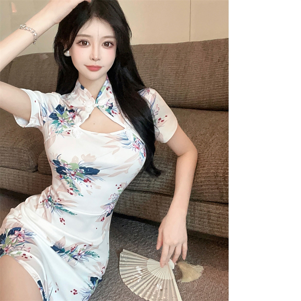 Retro printing slim summer split dress