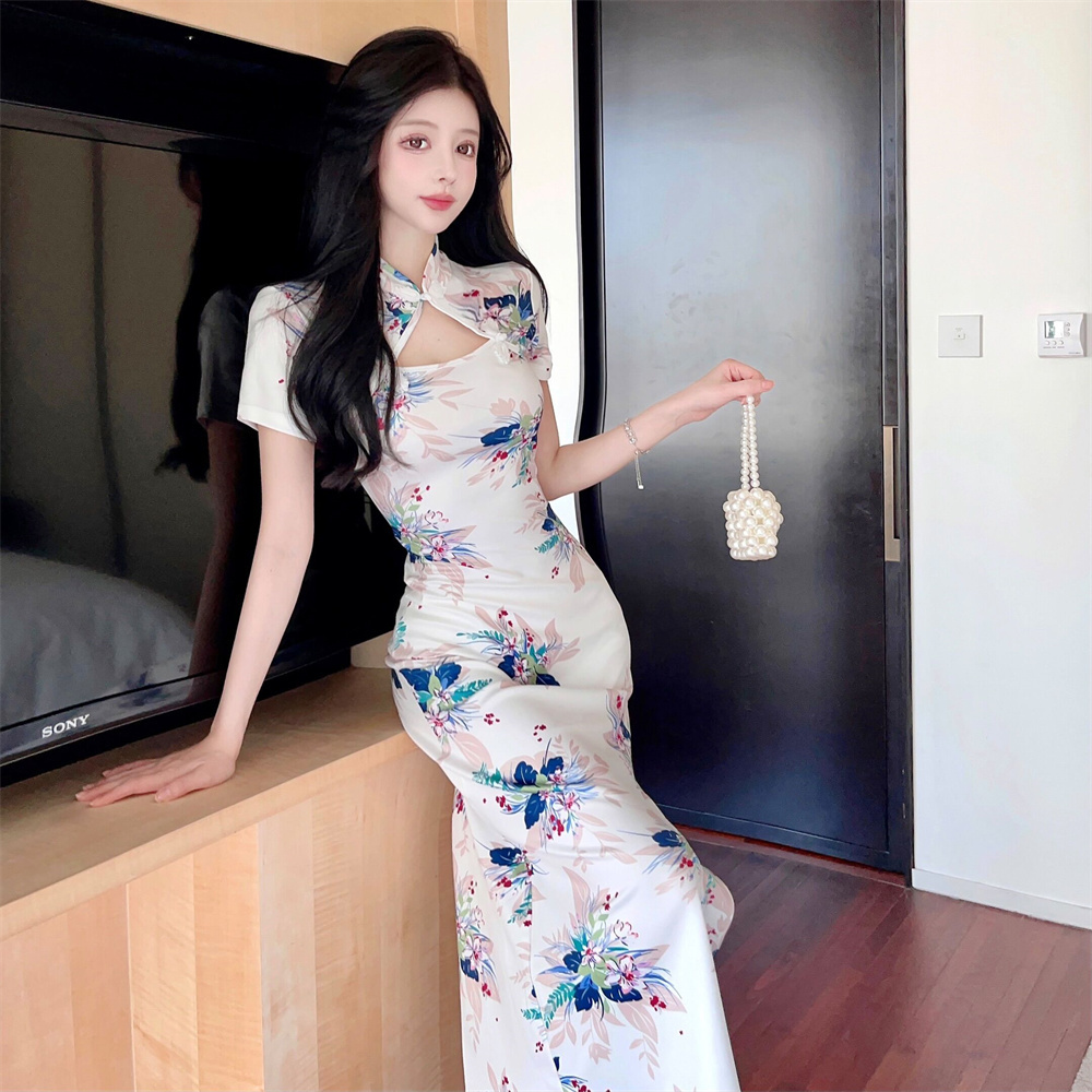Retro printing slim summer split dress
