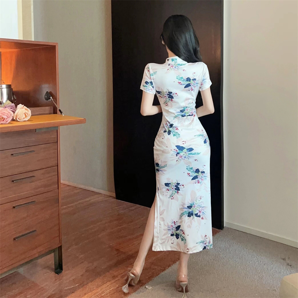 Retro printing slim summer split dress