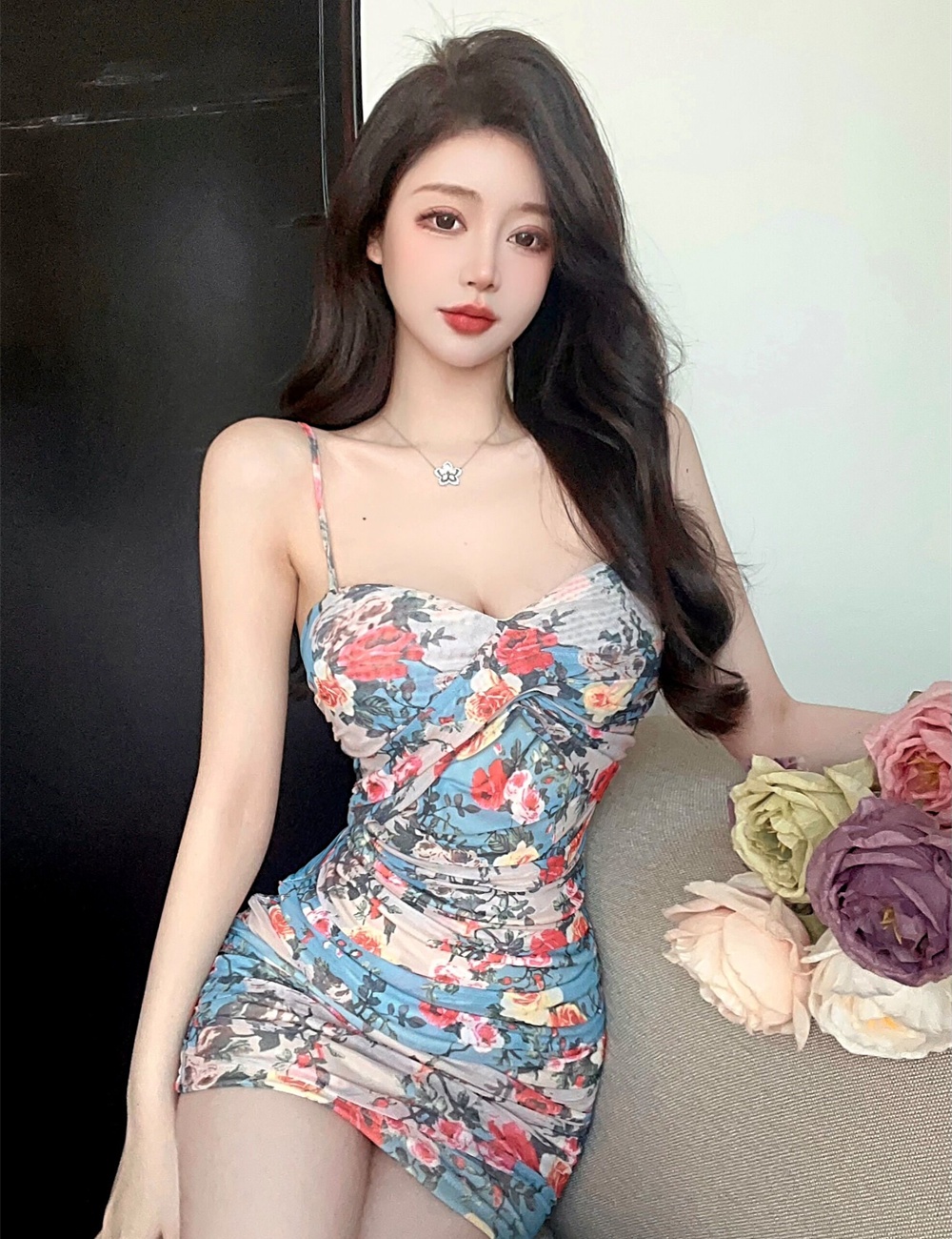 Sling sexy fold slim printing dress