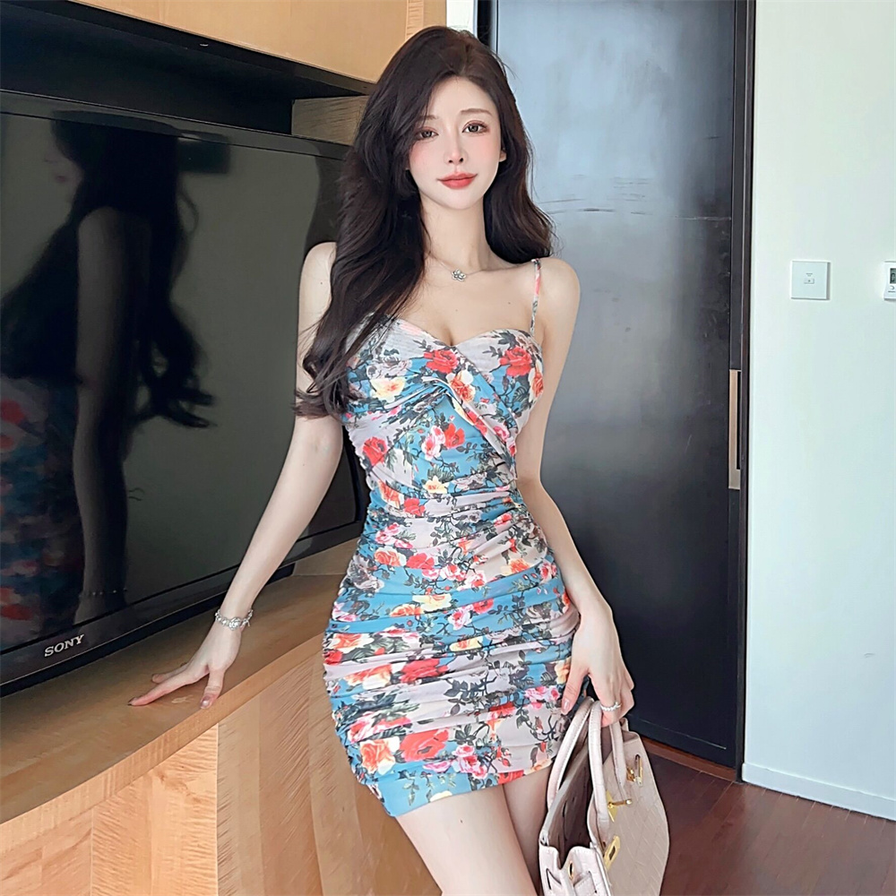 Sling sexy fold slim printing dress