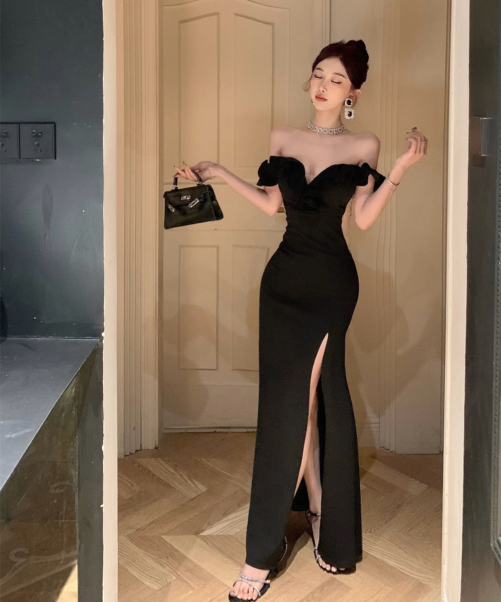 Sexy temperament split low-cut flat shoulder dress