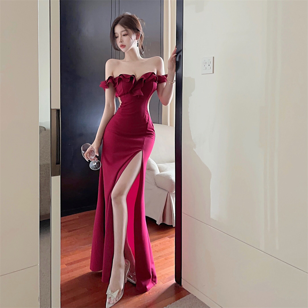 Sexy temperament split low-cut flat shoulder dress