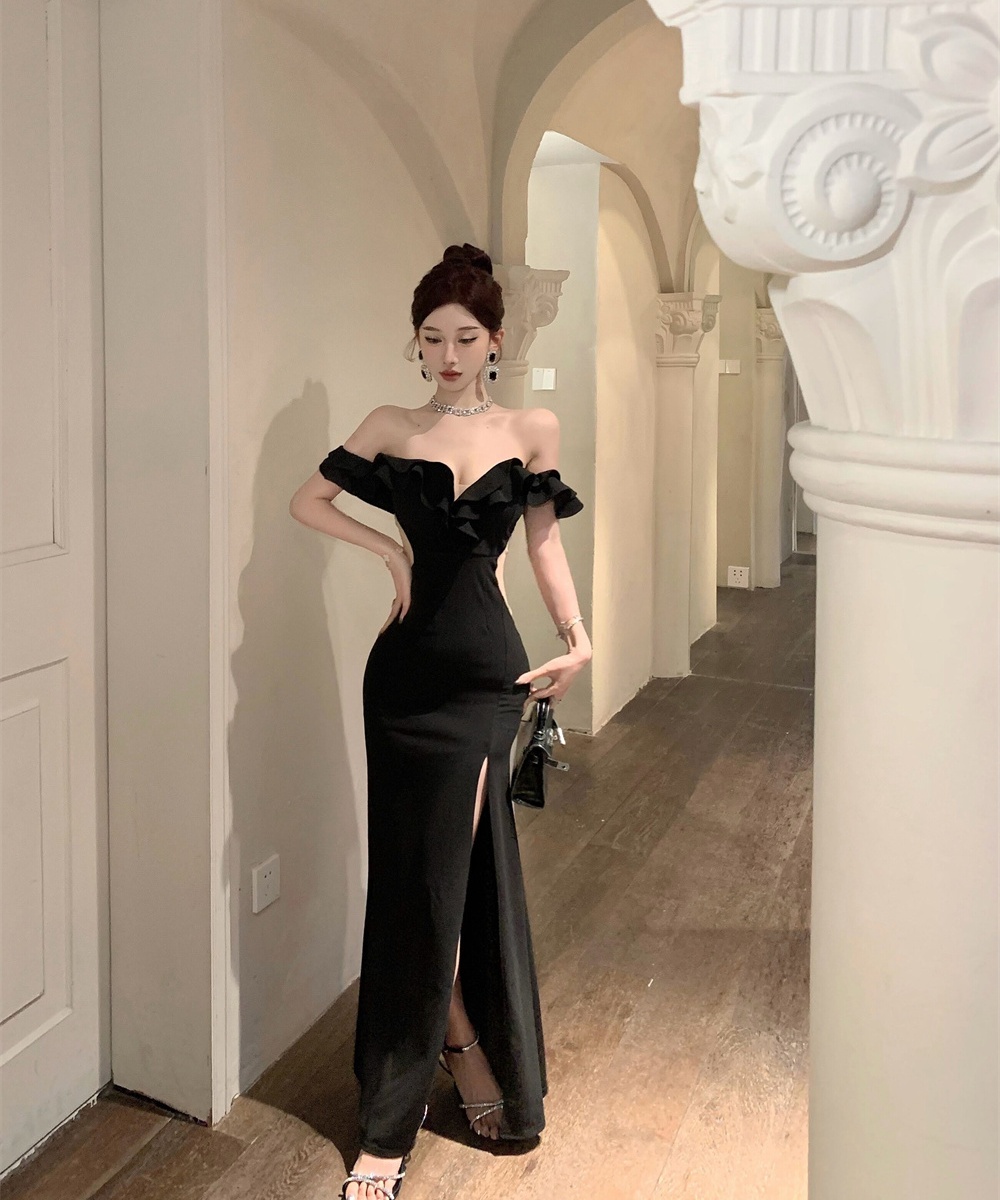 Sexy temperament split low-cut flat shoulder dress