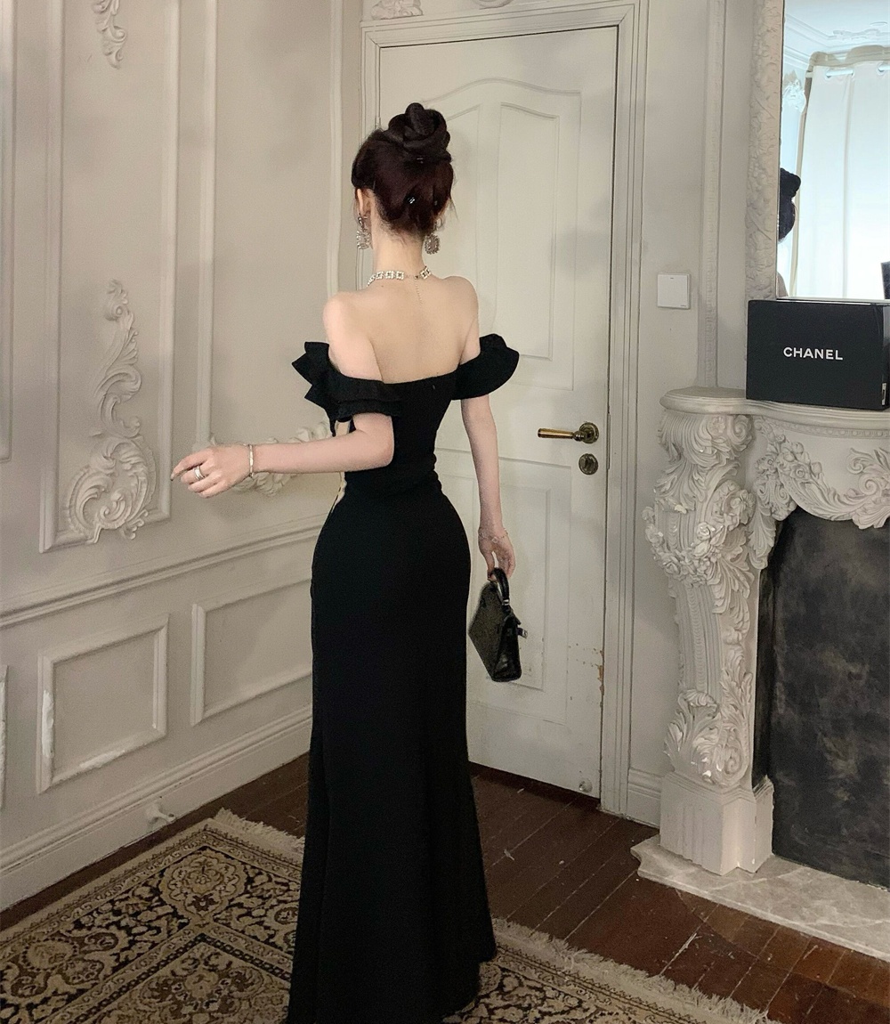 Sexy temperament split low-cut flat shoulder dress