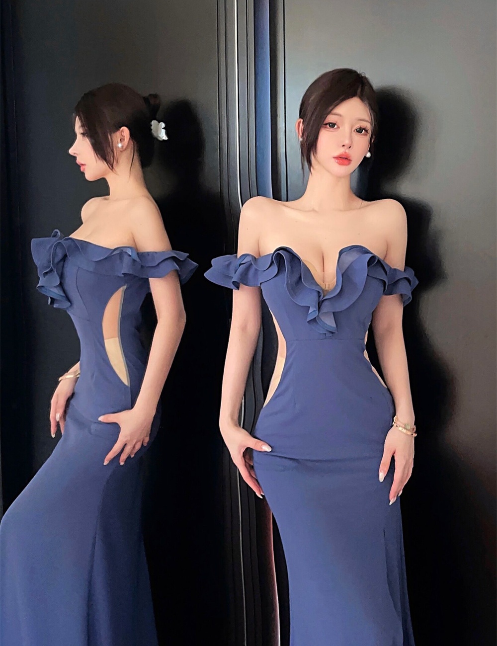 Sexy temperament split low-cut flat shoulder dress