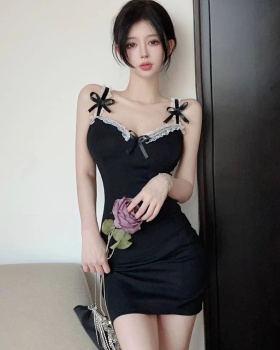 Retro show young maiden lace splice bow dress